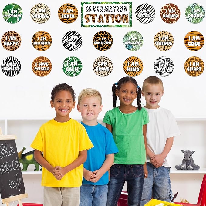 Jungle Animals Affirmation Station Bulletin Board Set Safari Forest Positive Bulletin Board for Classroom Growth Mindset Decor Inspirational Motivational Accent Cutouts for Home School Teachers Supply
