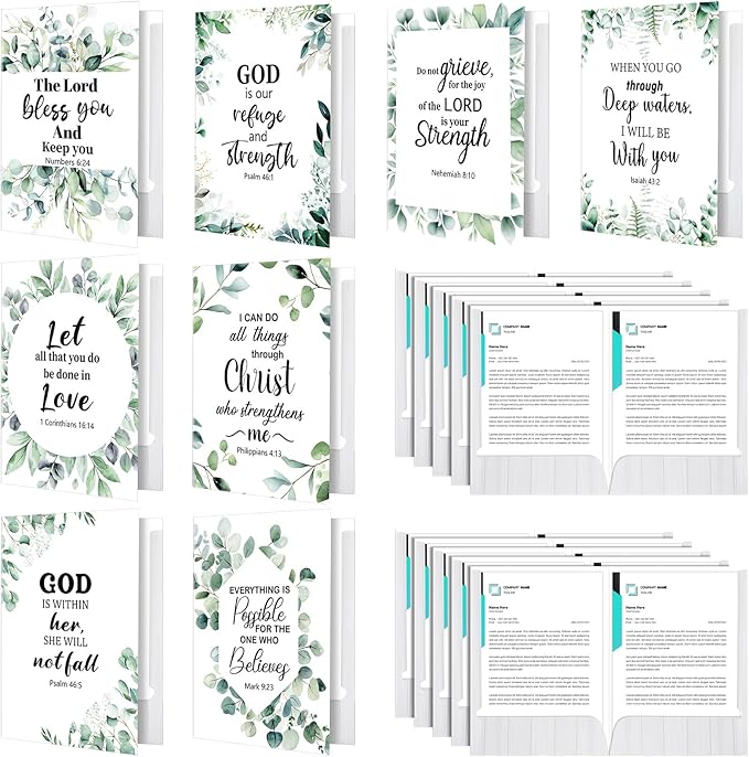 Qeeenar 24 Pack File Folders Organizer Christian Folders with Pockets 9x12 Inch Filing Organizer Document Holder Pocket Folder for School, Office, and Home(Green Leaves Style)