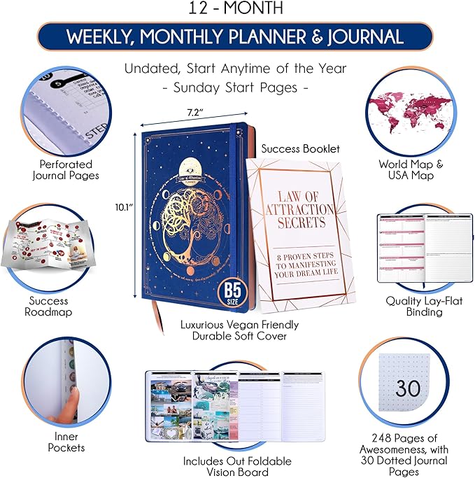 Deluxe Weekly and Monthly Planner | Law of Attraction Planner with Productivity App | 12-Month for Productivity, Gratitude & Goal Setting | Includes Foldable Vision Board, Gift Box & Stickers