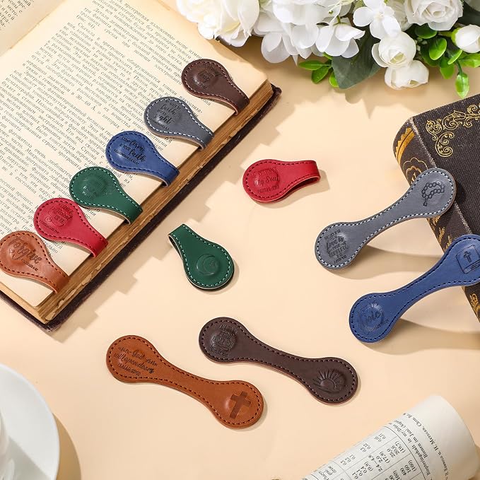 Sinload 24 Pcs Magnetic Christian Bookmarks Fathers Day Christian Gifts, Leather Bible Verse Bookmarks Scripture Page Markers for Men Dad Godfather Sunday School Reading Church Bible Study (Cute)