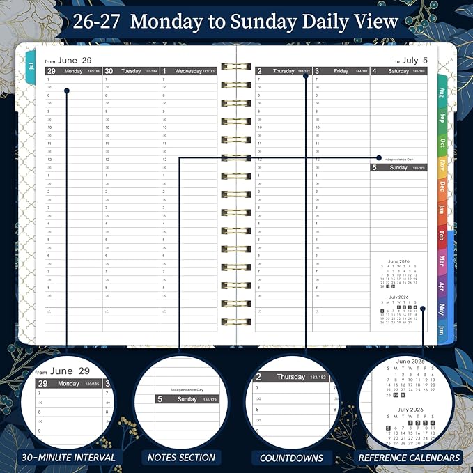 2026-2027 Appointment Book - Planner 2026-2027, Daily Hourly Planner, July 2026 - June 2027, Weekly & Monthly Planner, 6.3" x 8.5", Half Hour (30 Mins) Interval, Colorful Tabs, Thick Paper, Inner Pocket