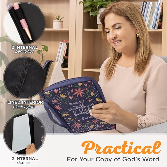 Christian Art Gifts Men/Women's Bible Cover Everything Beautiful Ecclesiastes 3:11, Blue Floral Canvas, Medium