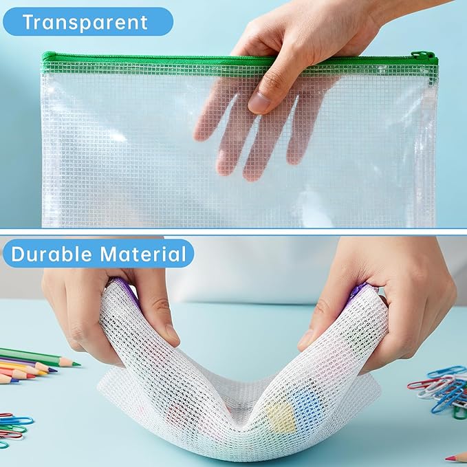 EVERECO 30pcs Mesh Zipper Pouch Bags, Letter Size A4 Mesh Bags with Zipper, Plastic Zipper Pouches for Classroom Office Supplies, Travel, Lego, Board Game Storage & Puzzle Storage