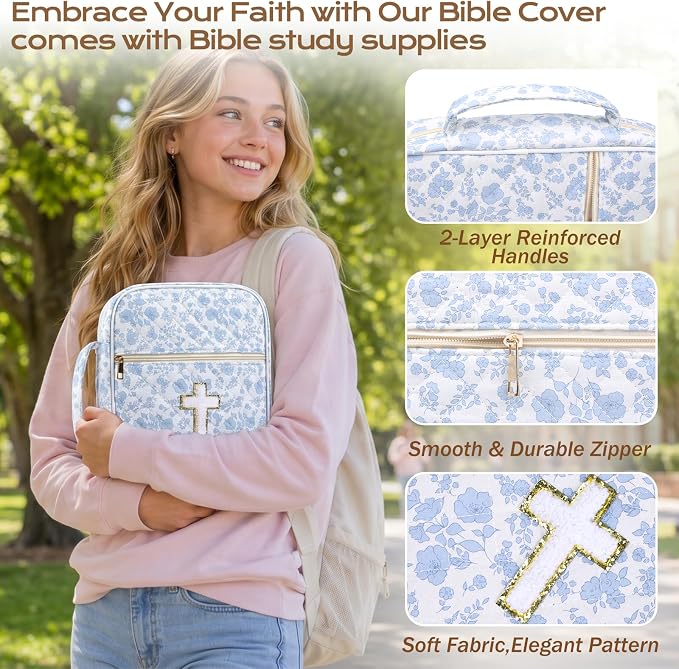 XKDOUS Bible Cover for Women Quilted Bible Bag Church Book Carrying Case with Cross, Handle, Study Supplies Organizer Portable Church Book Carrier Christian Gifts for Mom, Lady