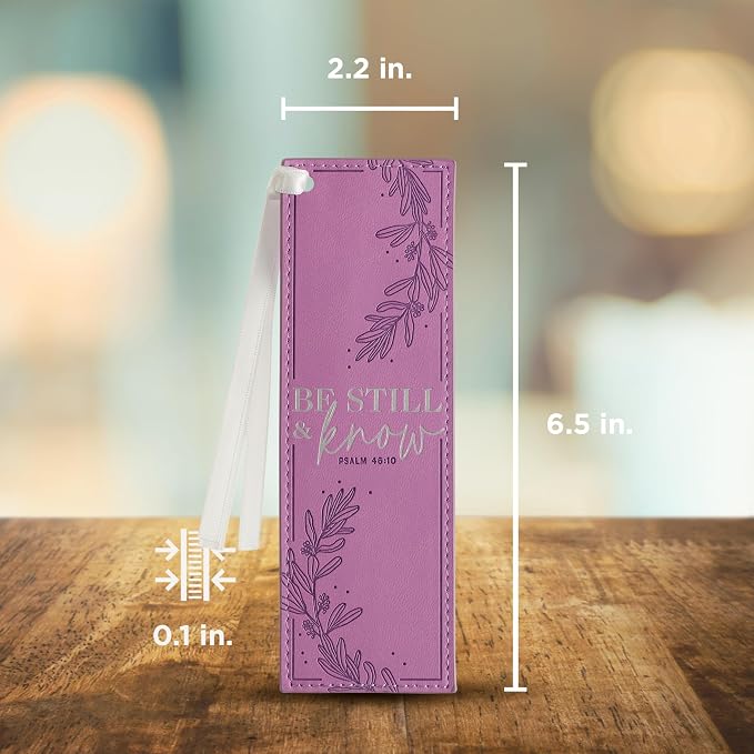 Christian Art Gifts Purple Faux Leather Purple Floral Bookmark for Women: Be Still and Know - Psalm 46:10 Inspirational Bible Verse, Heat-Debossed & Silver Foil Accents with Silky White Satin Ribbon