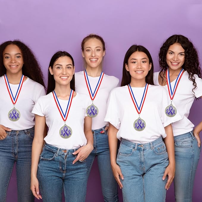 30 Pcs Ribbon Awareness Medals Breast Cancer Awareness Ribbon Gifts 2" Domestic Violence Trophy Medal with Neck Ribbons for Women Girl Charity Recognition, Survivor Movement(Purple)