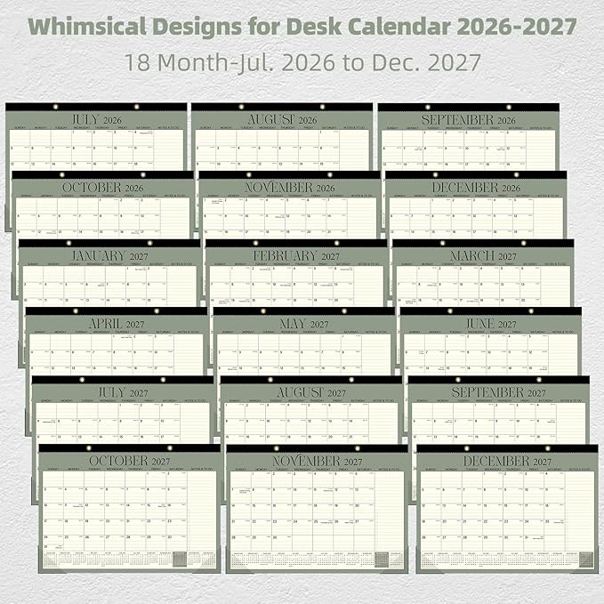 ZTX Desk Calendar 2026-2027,18 Months Calendar from July 2026 to December 2027,17" x 12" Big Calendars 2026-2027 Monthly Planner with Plastic Cover for Teacher Home Desk Top Green
