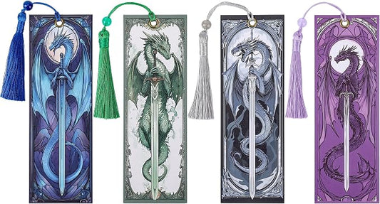Dragon Sword Bookmark Gifts - 4 Pcs Fantasy Fourth Bookmarks with Tassels Paper Unique Vintage Wing Book Marks Office Home Supplies Gift for Reading Lovers Writers Kids Men Teacher Students