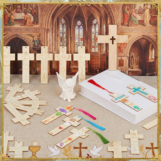 AmazingSpark 100 Pcs Christian Cross Coloring Bookmarks Bulk Wooden DIY Crafts, 50 Set Religious Bookmarks with Tassel for Church Gift, Sunday School, Baptism, First Communion Party Favors