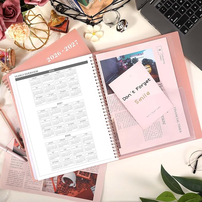 Monthly Planner 2026-2027 - JUL 2026 - DEC 2027 Planner 9" x 11", 18 Monthly Planner/Calendar with Tabs, Pocket, Label, Contacts and Passwords - Twin-Wire Binding (Pink Cover, Waterproof Design)