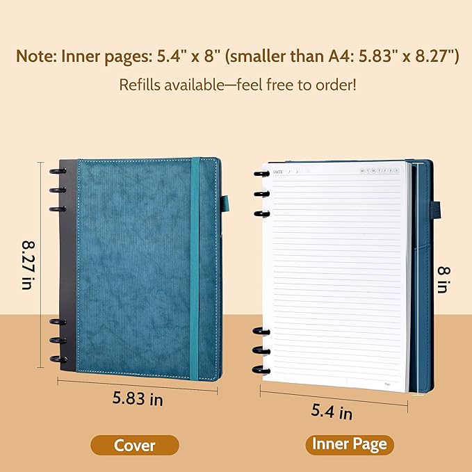 Yoment Refillable Notebooks for Work 5 Subject with Removable Dividers Tabs 224 Pages Hardcover Leather Journals for Writing Small Discbound Planner Colleged Ruled Paper for Women Men 6.1 x 8.3,Blue