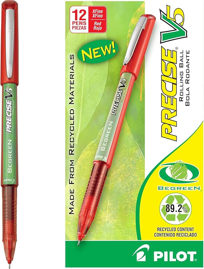 PILOT Precise V5 BeGreen Liquid Ink Rolling Ball Stick Pens, Extra Fine Point, Red Ink, 12 Count (26302)