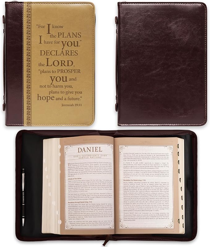 Christian Art Gifts Men's Classic Bible Cover I Know The Plans Jeremiah 29:11, Brown/Tan Faux Leather, Large [Imitation_Leather]