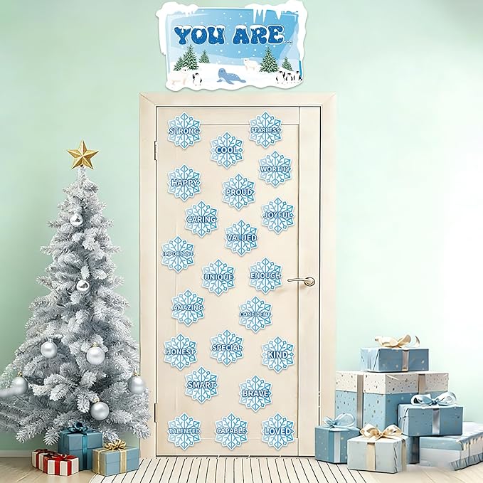 Winter Affirmation Station Bulletin Board Door Decoration Winter Snowflake Classroom Decor Christmas Motivational Positive Cutout Classroom Mirror Growth Mindset Decor for School Home Door Wall Supply