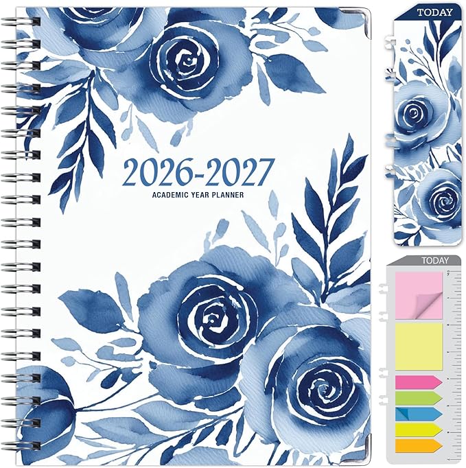 HARDCOVER Academic Year 2026-2027 Planner: 14 Months (May 2026 Through June 2027) 8.5"x 11" Daily Weekly Monthly Planner Yearly Agenda. Bookmark, Pocket Folder and Sticky Note Set (Blue Bloom)