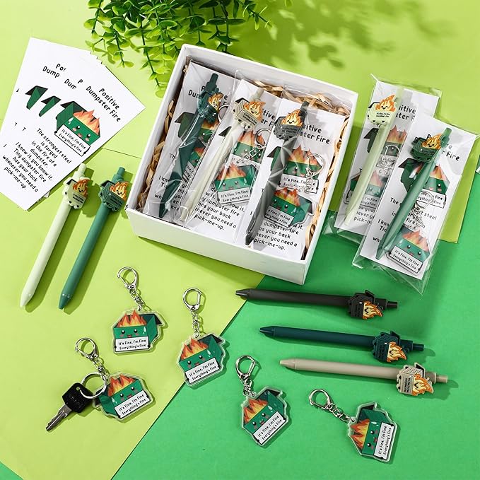 Sayglossy 10 Sets Dumpster Fire Pen Gifts for Coworker Positive Funny Pens Dumpster Fire Desk Accessories Acrylic Keychains Bookmarks Support Gifts for Team Coworker Teachers Boss Nurse