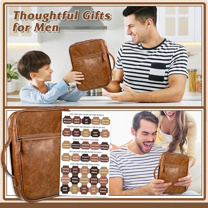 Leather Bible Cover for Men Large Bible Carrying Case with Handle Pockets Bible Book Cover with Highlighters Tabs For Church Prayer Meetings Study Supplies Accessories