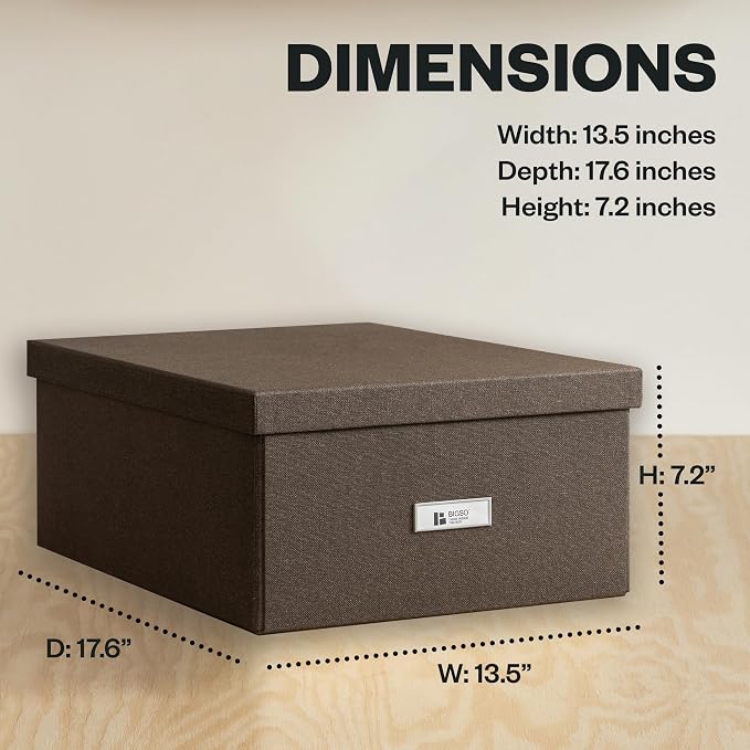 Bigso Katrin Collapsible Storage Box with Lid - Decorative Photo Storage Box with Label Holder for Easy Identification - Simple Assembly without Tools - W13.5 x D17.6 x H7.2 (inches) - Dark Brown