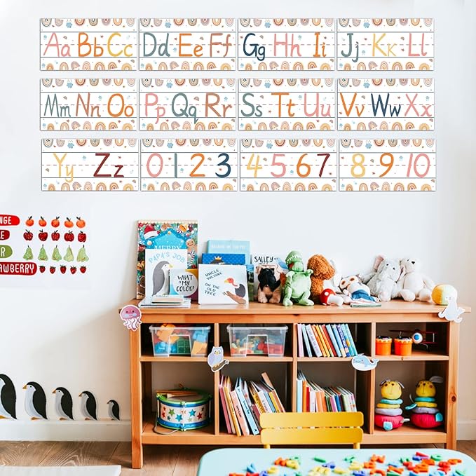 gisgfim 12 Pieces Alphabet Bulletin Board Strips Set Boho Rainbow Alphabet Line ABC Alphabet Banner & Number Border Posters for Preschool Kindergarten Classroom Playroom Bedroom (Boho)
