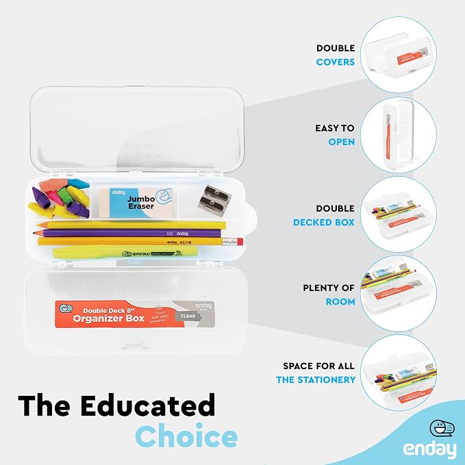 Enday Pencil Box Clear, Plastic Double Deck Pencil Case with 7 Compartments, Box Organizer with Snap Closure for Home and Office
