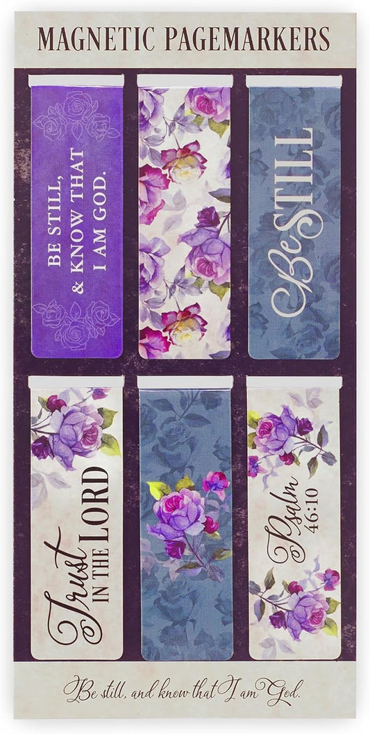 Christian Art Gifts Magnetic Scripture Bookmark Set for Women: Be Still and Know - Psalm 46:10 Inspirational Purple Rose Magnetic Bible Verse Pagemarker Set of 6 for Bibles and Books, Size 2.3" x 0.8"