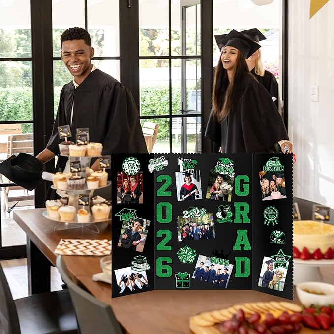 4 Set Graduation Photo Display Board, Class of 2026 Black Green Trifold Poster Board with Grad Pattern Stickers, Graduation Photo Props Collage for Multiple Pictures Party Decorations, 16x24 Inch