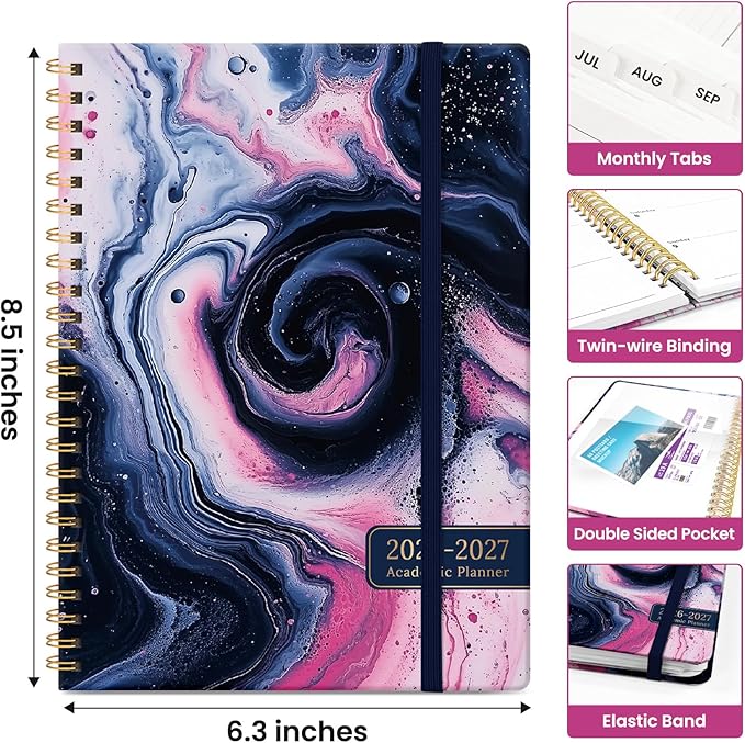 Planner 2026-2027, Academic Year Monthly and Weekly Calendar Planner, Jul 2026 - Jun 2027, Hardcover Teacher Student Planning Agenda book with Tabs, Perfect for School Office Supplies, 6.3" x 8.5" - Pink Vortex