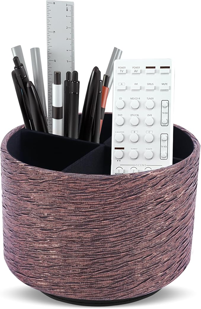 Round Leather Art Supply Organizer,Remote Control Holder,360-degree Rotating Pen Organizer with 4 Compartments(1-Light Tree Brown)