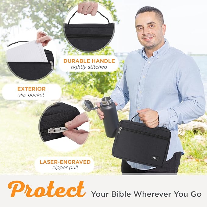 Christian Art Gifts Polyester Bible Cover for Men & Women w/Jesus Fish Patch, Secure Zipper Pocket, Pen Loops, Easy Carry Book Case for Stationery, Accessories, Black, Small