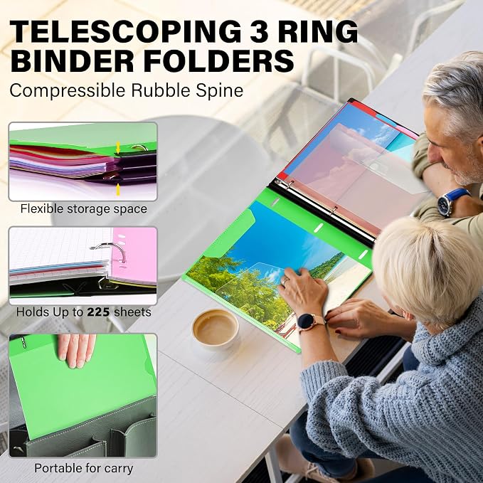 WOT I Telescoping Project Organizer 2-Pack, Refillable Binder with Dividers and Pockets, 13 Pocket Folders, 1 Inch 3 Ring Binder, Green