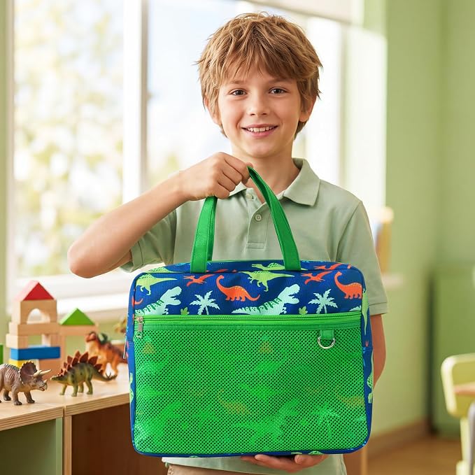 WAWSAM Dinosaur Kids Mesh Zipper Pouch, File Organizer Folders with Pocket | 13.78" x 11.42" Waterproof File Folder for Boys with Handle, Document Organizer for School, Books, Travel, Home Storage