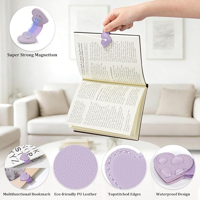 2Pcs Magnetic Leather Heart Bookmarks with Pen Holder, Cute Book Markers Clip with Gift Box, Reading Accessories for Book Lovers Women Teachers Students, Purple