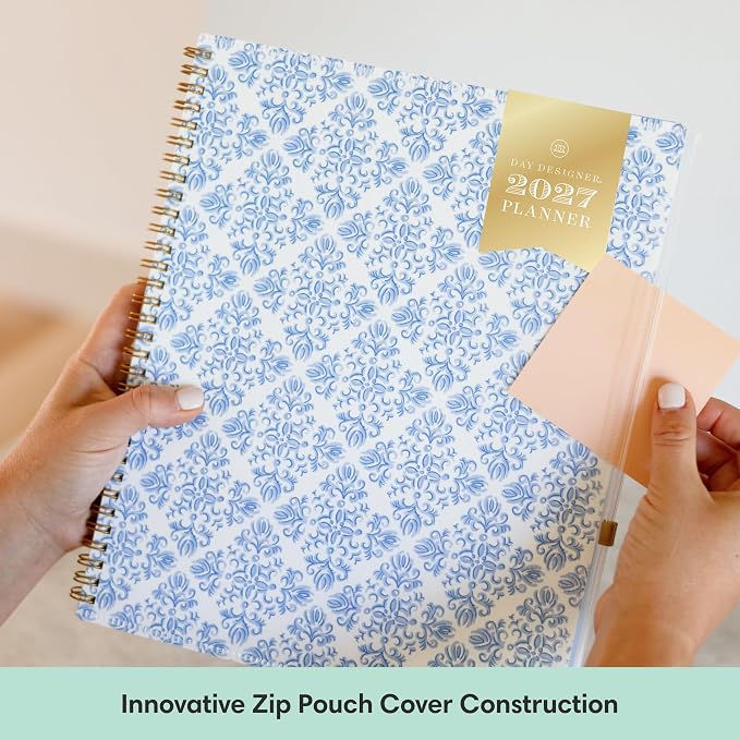 Blue Sky Day Designer 2027 Weekly and Monthly Planner Calendar, January 2027 - December 2027, 8.5" x 11", Flexible Cover With Zip Pouch, Durable Twin Wire Binding, With Stickers, Serenity Tile Blue