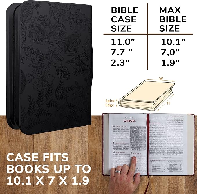 DEHITE Bible Cover Case for Women — Bible Carrying Case for Woman — Black Large Holder Bag — Fits Book 7x10.1x1.9 in — Pen Slots — Zippered Pocket — Premium Faux Leather — Christian Floral Accessories