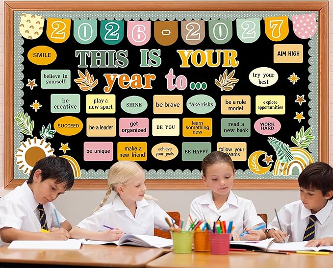 Boho Motivational Bulletin Board Set – This is Your Year Retro Classroom Decor – Inspirational Welcome Back to School Cutouts for Chalkboard, Wall, Door & Office Supplies
