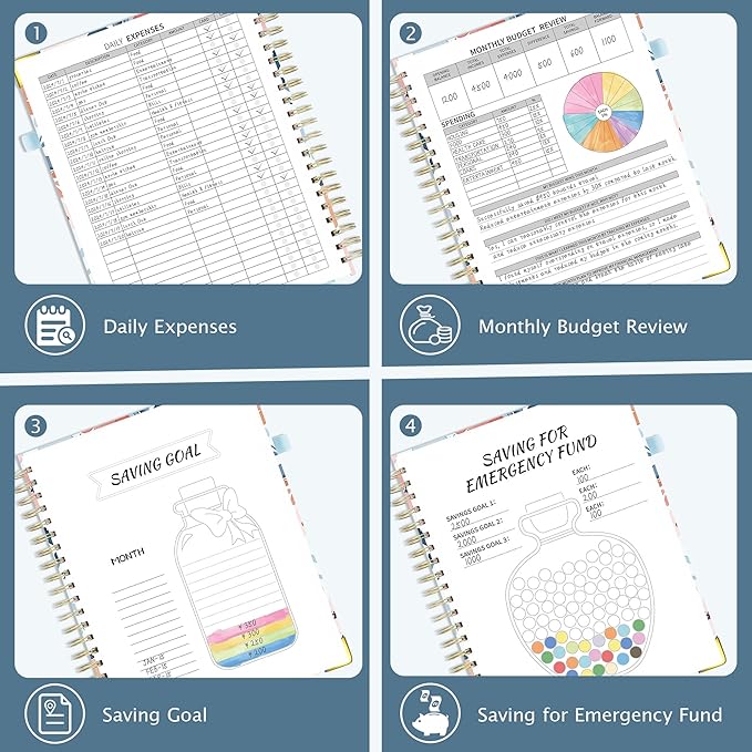 Ospelelf Undated Budget Planner with Clipboard Large Weekly Monthly Account Planners with Stickers 12 Months Productivity Aesthetic Journey Blue Floral