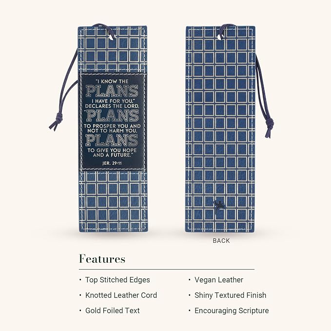Christian Art Gifts Premium Vegan Leather Encouraging Scripture Bookmark for Graduates: I Know the Plans Inspriational Scripture, Sturdy Cord, Durable Book Reading Accessory, Navy Blue & Gold Plaid