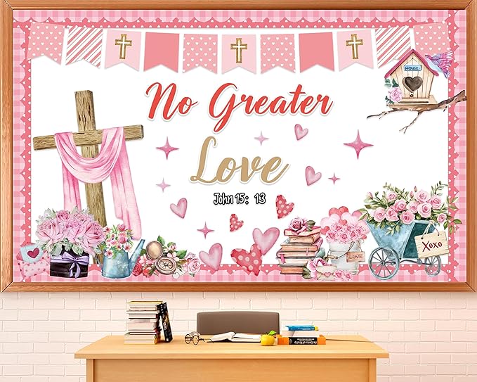 Valentine's Day Christian Bulletin Board Set Religious Bible Verse Classroom Decoration No Greater Love Heart Rose Cross Cutouts for Sunday School Church VBS Classroom Party Chalkboard Wall Decor
