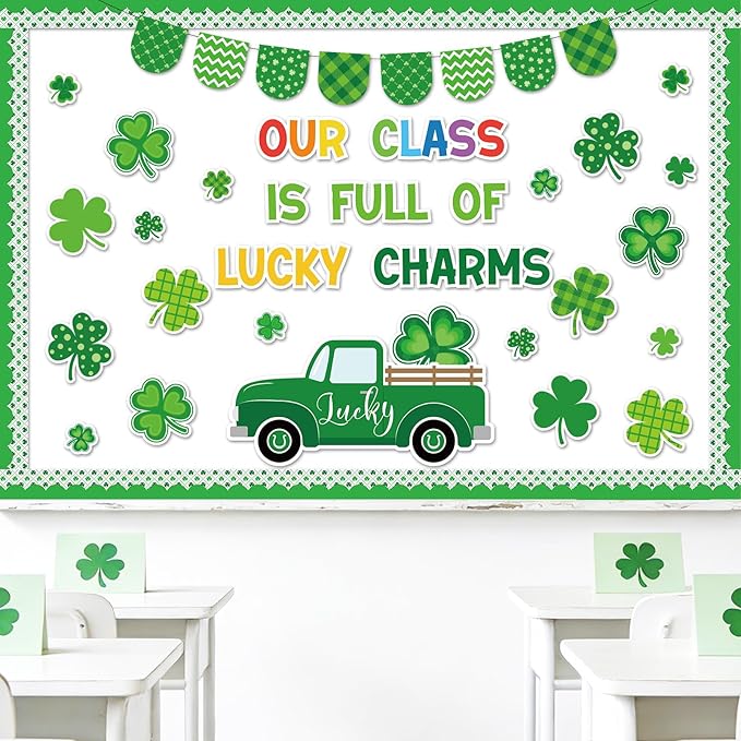 JarThenaAMCS St. Patrick' s Day Bulletin Board Classroom Decorations Set Our Class is Full of Lucky Charms Shamrock Irish Clover Truck Paper Cutouts for School Classroom Chalkboard Wall Decor Supplies