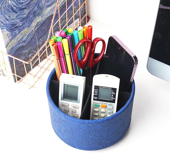 Round Leather Art Supply Organizer,Remote Control Holder,360 Degree Spinning,Multi-Functional Pencil Holder,4 Compartments Desktop Stationary Organizer(1-Lace Flower Blue)