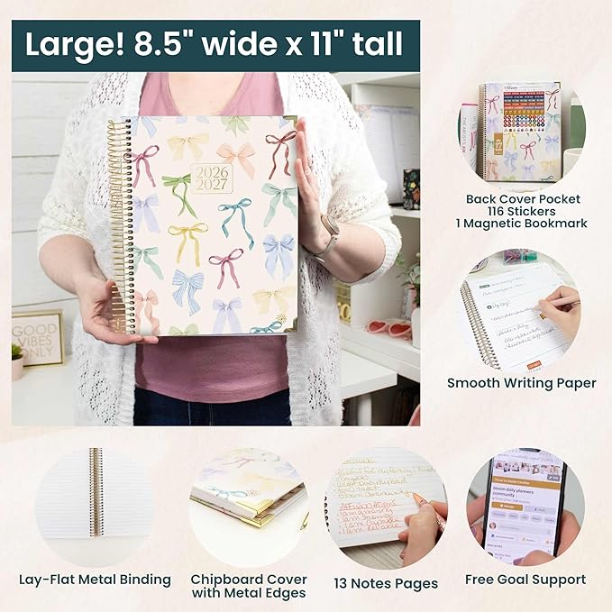 bloom daily planners HARDCOVER Planner 2026-2027 (8.5" x 11") Academic Year (July 2026 - July 2027) - 13 Months Task Goal Planner for Women - Monthly & Weekly Agenda Book - Bows