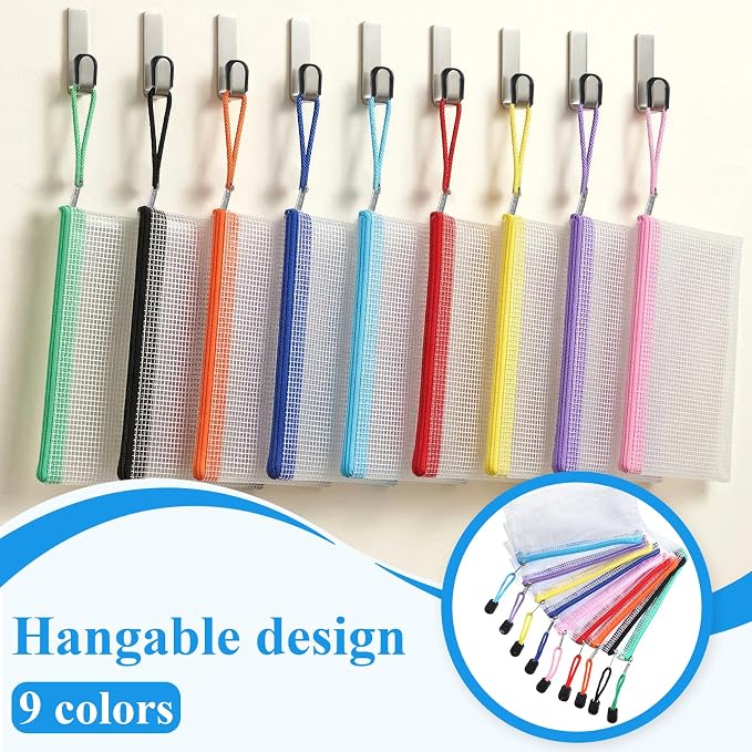 36 Pcs Mesh Zipper Pouch, 4.7x6.5 inch Waterproof Zip Mesh Bags with 2 Sheets Colored Stickers 9 Colors Plastic Water-Resistant File Bags Zipper Bag for Office Supplies Travel Storage