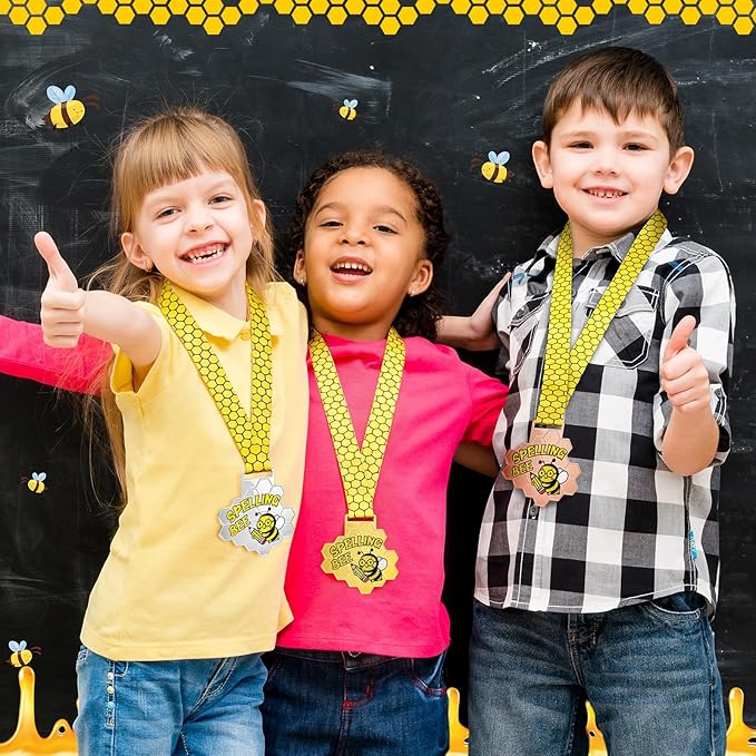 3 Pcs Spelling Bee Medals Honeycomb Gold Silver Bronze Spelling Bee Trophy Awards with Neck Ribbon for Kids Adults Competitions Party Supplies