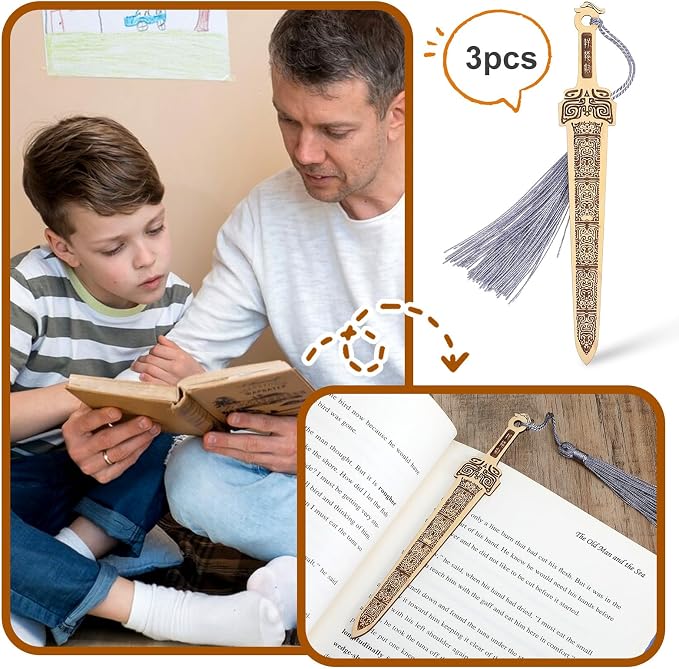Nogeqi 4 Pcs Wooden Sword Bookmark,Cool Bookmarks with Tassel,Vintage Book Marks for Reading Men,Reading Page Markers for Men Teacher and Student Office School Library Bookstore(Black Brown)