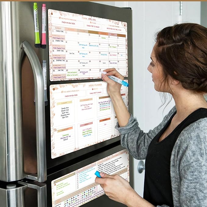 Magnetic Whiteboard for Fridge - Large Dry Erase Calendar for Wall | 3 Magnetic Dry Erase Board 10.5" x 16.5" & 7" x 16.5", Monthly Goal Setting & Habit Tracker, 5 Markers and 6 Adhesive Hooks