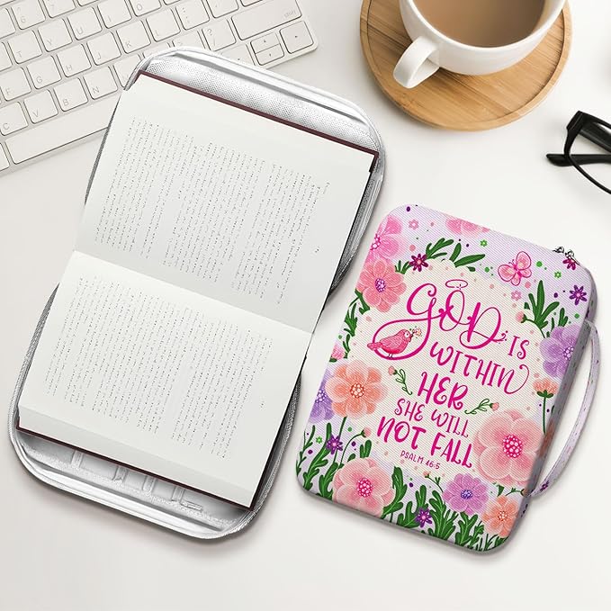 God Is Within Her Bible Cover for Women, Floral Canvas Bible Case with Handle and Zipper Pocket, Fits Standard Size, Christian Gift for Girls and Bible Study Use