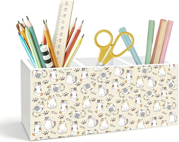 Cat Pen Holder for Desk, Cat Lover Gifts for Women Men, Cute Kitty Wooden Box Pencil Pen Holder Organizer for Home Office Desk Accessories