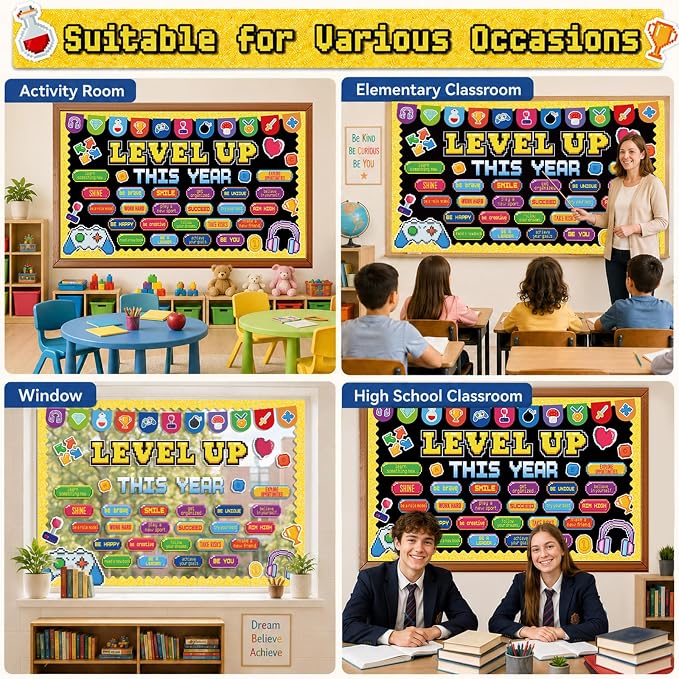 Video Game Bulletin Board Set Growth Mindset Classroom Decoration Level up This Year Bulletin Board Positive Affirmation Inspirational Game Cutouts for Back to School Chalkboard Wall Decor