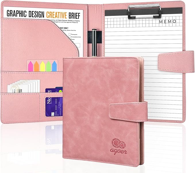 Agoer Clipboards A5 Portfolio with Cover,Interview Leather Folder with Magnetic Closure,Professional Clip Boards Padfolio with A5 Paper,Sticky Tab,Pen for Student Teacher Doctor Nurse Office,Pink
