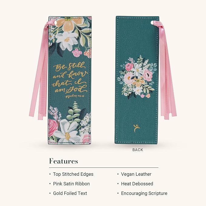 Christian Art Gifts Premium Vegan Leather Inspirational Scripture Bookmark for Women: Be Still & Know Encouraging Bible Verse, Satin Ribbon, Reading Accessory for Books, Bibles, Teal Multicolor Floral